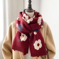 Korean Retro Burgundy Hyuna Flower Wool Scarf for Women Winter Warm and Skin Friendly Knitted Scarf for Students 35*175cm beige