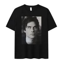 Damon Salvatore Ian Somerhalder TV Show T-shirt for Men Women 2026 Summer Tops Tshirts Women Clothing Streetwear Female T Shirt S įvairiaspalvis