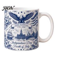 Retro Patriotic Coffee Cup USA 250th Anniversary Blue Mug, Ceramic with Mug Eagle Flag Design, Independence Day Gift for Veterans Men Women