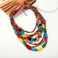 Gorgeous Attractive Bib Necklace Boho Multi-layer Colorful Irregular Geometric Wooden Beaded Statement Necklace Ethnic Jewelry blue