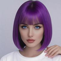 12 inch purple bangs bob wig, stylish and elegant, high-temperature synthetic, suitable for all women 12inches&1pc gray