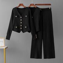 Slim-fit Wide-leg Pants Sweater Three-piece Women's Autumn New Vest Knitted Cardigan Set One size  juoda