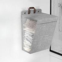 Over Door Hanging Laundry Hamper, Beige Linen Storage Basket with Mesh Window,Wall Mount Clothes Collection Bin with Handles tamsiai pilka spalva