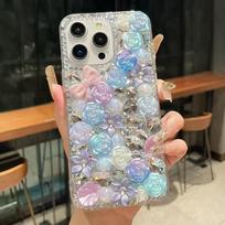 Glitter Rhinestone Phone Case For OPPO A6 Pro 4G 5G 3D Rose Floral Crystal Diamond Bling Cover OPPO A6 Pro violetinė