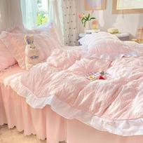 Kawaii Princess Seersucker Bedding Set Luxury Solid Color Duvet Cover Bed Sheet Pillowcase Single Double Size For Girl Decor Single 150x200cm 3pc beige