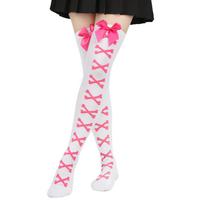 Womens Bow + Cross Bone Pattern Thigh High Stockings Ladies Halloween Girls Over The Knee Socks One Size black