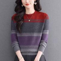 Spring Autumn Retro Crew Neck Sweater Color-Block Striped Knit Sweater Loose Soft Skin-Friendly High-Quality Knit Pullover S