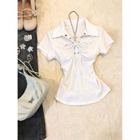 American retro Spice Girl Skinny Waist White Short Sleeve Polo Neck T-Shirt Women's Summer Design Slim Top Trend XS