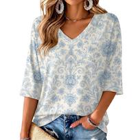 Women's Retro V-Neck Floral Print Lightweight Blouse for Spring Summer L