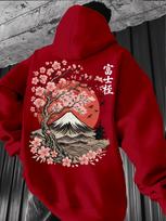 Japanese Ukiyo-e Scenery Men's Fuji Mountain Cherry Blossom Back Print Hip Hop Sports Loose Red Hoodie Street Casual Sweatshirt S balta