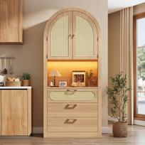 Modern Arched Display and Storage Cabinet, 180 cm High, Adjustable LED, Rattan Doors, for Living Room and Hallway, Light Oak, 80 x 35 x 180 cm 80 x 35 x 180 cm