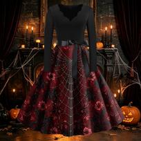 Women's Vintage Retro Long Sleeve V-Neck Flared Dress with Halloween Print for Party S