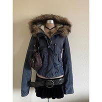 Autumn and winter new retro fashion removable fur collar short denim pocket jacket loose S gray