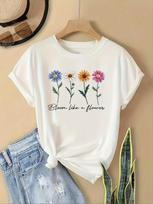 Women's Casual Short Sleeve T-Shirt - Retro Floral Print , Soft Stretch Round Neck Top, Cute T Shirts, Playful Graphic Tee S white
