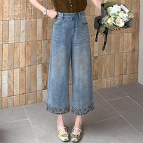 Women's Embroidered Retro High-Waist Cropped Jeans M gray