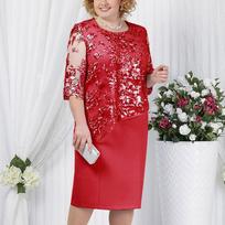 Women's Lace Overlay Dress Short Sleeve Round Neck Floral Applique Knee Length Elegant Occasion Dress for Women XL raudona