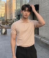 HERVINO Basic Cool Cotton Collared Short Sleeve Tee [Light Beige] (Type A) Mustard/Xxl