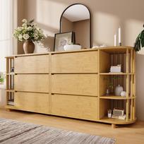 Komoda-buffetas 160cm ąžuolas, Romos dizainas su kolonomis ir bambuko lentynomis, 6 stalčiai ir atviros lentynos, reguliuojamo aukščio kojelės, A75/P160/G40 cm 160 x 40 x 75 cm