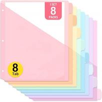 8 pcs A4 Pastel Binder Dividers 8-Tab Dividers 3-Ring Binder Single Pocket Dividers Single Pocket Plastic File Folders School