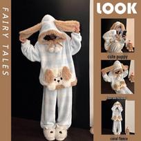Women's Curly-haired Puppy Hooded Coral Fleece Pajamas - Spring New Style, Warm, Thickened, Fleece-Lined Home Wear Set Large brown