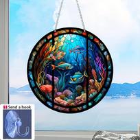 Round Acrylic Sign Black Cat Stained Suncatcher Animal Window Wall Hanging Ornament  for Home Office Room Kitchen Holiday Decor 20x20cm(8x8inch) blue