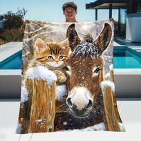 1pc Donkey and Cat Cozy Fleece Blanket - Lightweight Flannel Throw with Adorable Winter Scene, Soft Warm Fabric for Sofa Size: 75*100cm, Weight: 230 GSM