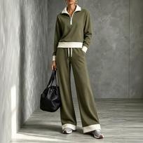 Women's Two Piece Collar Sweatshirt and Wide Leg Pants Set L armijos žalia spalva