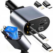 Automobilinis įkroviklis 120W 4in1 su ištraukiamais kabeliais USB-C iOS jungtis, Automobilinis įkroviklis 120W 4in1 su ištraukiamais kabeliais USB-C iOS jungtis