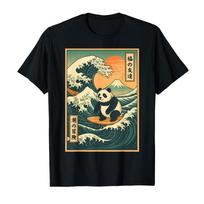 Great Wave Panda Surfing Meme Japanese Art T-shirt For Men Women 100% Cotton T Shirts Short Sleeve Tops 1027-2 S beige