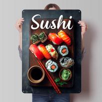 Sushi Platter on Wooden Board Tinplate Posters Customizable Wall Art Retro Vintage Metal Signs for Home Room Mancave Decoration 30X40CM black