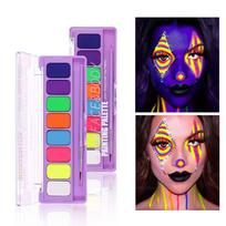 8-Color Face and Body Paint Palette, Neon Fluorescent UV Glow Makeup Set with Brush, Quick-Drying Waterproof Body Art Painting for Cosplay Party 1# purple
