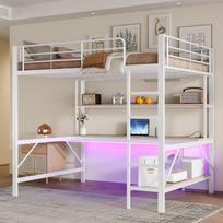 Loft Bed, 140*200 cm, Railing, Step Ladder, with USB and Socket, With LED Lights, Desk, Multi-Tier Shelf, without Mattress, Metal, White 204 x 145 x 180 cm