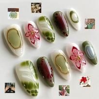 24 Pcs Green Almond Press On Nails With Flower Pattern Summer Wearable Fake Nail Art Tips