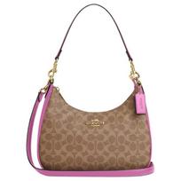 COACH Teri dengto drobės pusmėnulio formos rankinė, Nešiojama per petį rankinė, Didelė moteriška rankinė ant peties, Ruda ir rožinė raudona CV940-IMXVS One Size 1 pink