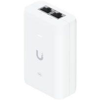 Ubiquiti U-POE+ adapter 30W, powers UniFi PoE+ devices, reduces dependency on PoE switch power, contains RJ45 data input, AC cable with earth ground, and PoE+ output