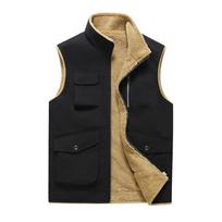 Men's Casual Fleece Solid Color Zipper Vest, Multi-pocket Workwear Vest, Stand-up Collar Lambskin Vest L