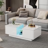 Modern LED Coffee Table with 2 Drawers – 100 x 50 x 35 cm, White High Gloss Side Table with LED Light and Acrylic Panel, MDF, for Living Room, Bedroom 100 x 50 x 35 cm balta