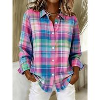 Women's Long Sleeve Lapel Casual Plaid Fashion Print Button-Down Shirt S pink