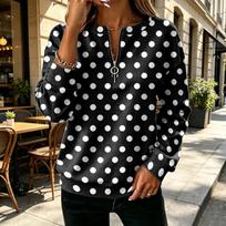 Women's Long Sleeve Half Zip V-Neck Pullover with Heart Print, Pull and Cuffed Sleeves L white
