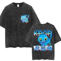 Washed Kpop Anime Demon Hunter Huntrix Girls T Shirt Kawaii Cute Fashion Unisex T-shirts Oversized Vintage T-Shirt S black