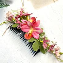 Bohemian Artificial Orchid Flower Hair Comb, Floral Slide Side Comb, Elegant Bridal & Party Hair Accessory for Women 1 pink