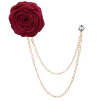Korean Style Groom Wedding Brooch Handmade Cloth Rose Flower Lapel Pin with Tassel Chain Men's Suit Accessories vyno raudonos spalvos