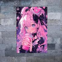 Kawaii Pink Anime Girl Tapestry, Sweet Style with Wall Hanging, Pastel Black Background Cloth for Bedroom Living Room Dorm Decor 100X70CM pink