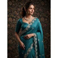New Launch – Premium Satin Chiffon Embroidered Party Wear Saree blue