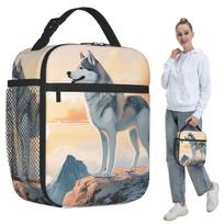 Siberian Husky In The Mountains Insulated Lunch Bag for Kids School Cooler Thermal Food Box Tote Leakproof Lunch Boxes Container One Size gray