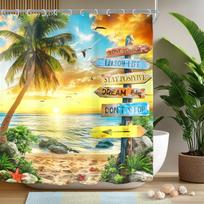 Tropical Palm Tree Shower Curtain, Beach Sunset Coastal Design, Waterproof Polyester Art Print (as the picture,W90xH180cm)