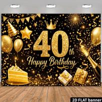 2D Black Gold Glitter Number 40 Birthday Backdrop Crown Balloon Gift Cake Photo Background Banner 70.9x43.3inch/180*110cm brown