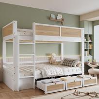 Bunk bed, woven rattan fence, three drawers with wheels, sturdy slatted frames, with safe bed rails, pine + MDF + plywood, white+natural, 90x200cm 205 x 102.5 x 150 cm