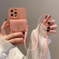 Wallet Leather Crossbody Neckband Lanyard Phone Case for iPhone 16 11 15 13 Pro Max X XS XR 7 8 Plus SE Luxury Card Holder Cover For iPhone 14 Pro&Case & Strap rožinė