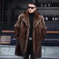 Vyriškas prabangus rudas dirbtinio audinės kailio paltas ilgas su atlapais šiltas žiemos viršutinis drabužis M black